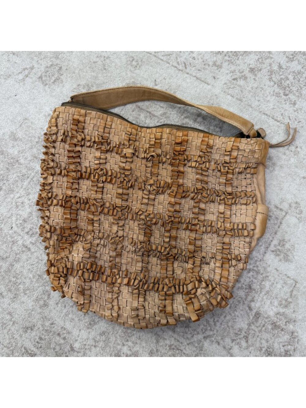 Hobo Hobo Bag Womens Large Beige Leather Woven Boho Tassel Zip Top Shoulder